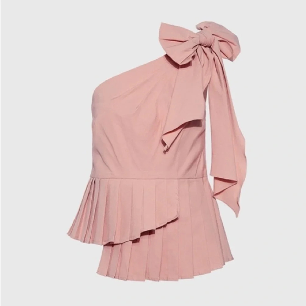 Sea Asymmetric Pleated One-shoulder Bow Top